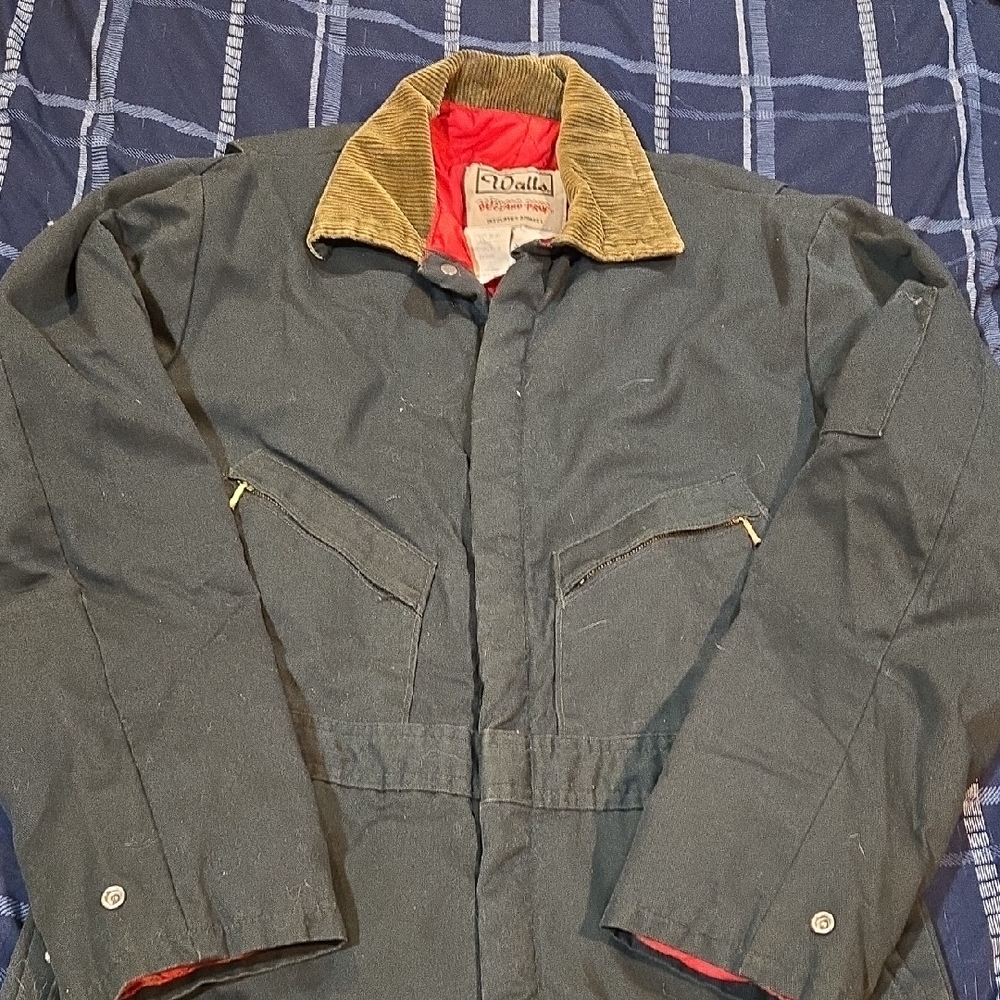PIONEER Walls Mens M Dark Navy One-Piece Insulated Jacket/Pant with Tan Collar